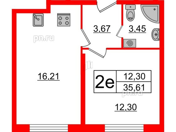 Квартира в ЖК Верево Сити, 1 комнатная, 35.61 м², 1 этаж