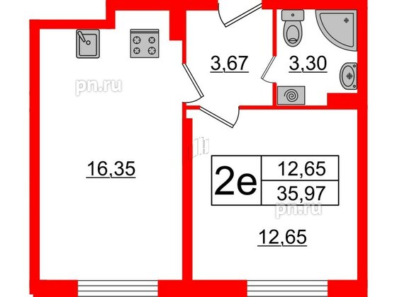 Квартира в ЖК Верево Сити, 1 комнатная, 35.97 м², 4 этаж