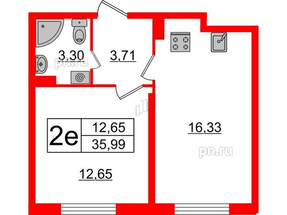 Квартира в ЖК Верево Сити, 1 комнатная, 35.99 м², 4 этаж