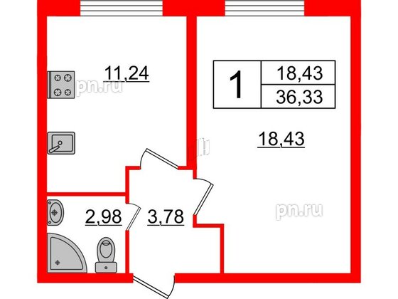 Квартира в ЖК Верево Сити, 1 комнатная, 36.33 м², 1 этаж