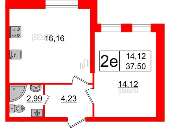 Квартира в ЖК Верево Сити, 1 комнатная, 37.5 м², 1 этаж