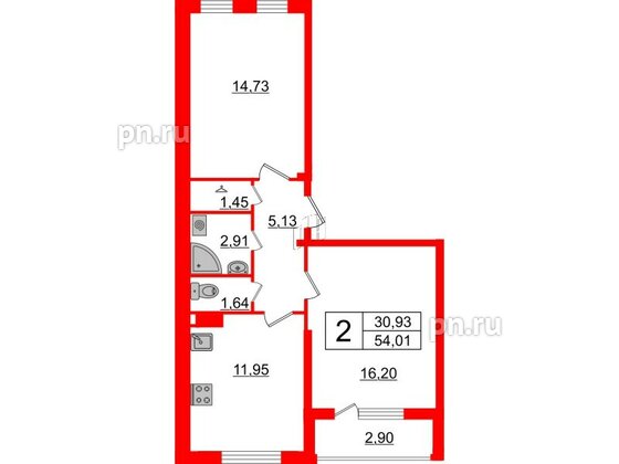 Квартира в ЖК Верево Сити, 2 комнатная, 55.66 м², 4 этаж