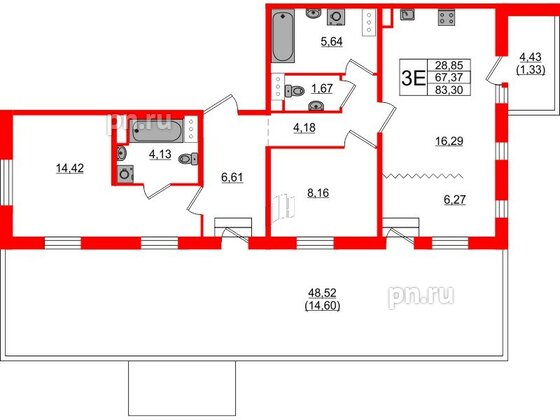 Квартира в ЖК Янила Драйв 3, 2 комнатная, 68.1 м², 6 этаж