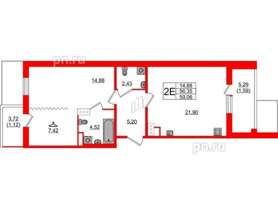 Квартира в ЖК Янила Драйв 3, 2 комнатная, 60.9 м², 2 этаж