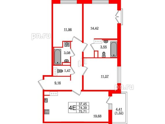 Квартира в ЖК Янила Драйв 3, 3 комнатная, 76.3 м², 7 этаж