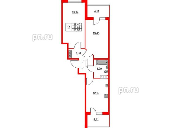 Квартира в ЖК Ново-Антропшино, 2 комнатная, 56.93 м², 2 этаж