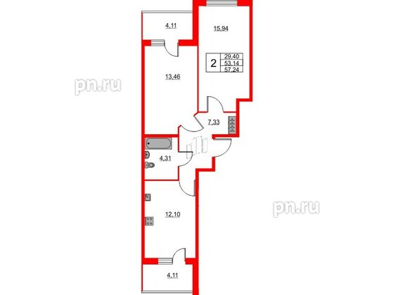 Квартира в ЖК Ново-Антропшино, 2 комнатная, 57.25 м², 1 этаж