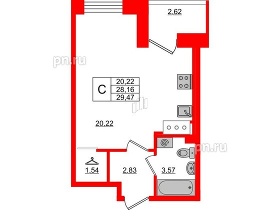 Квартира в ЖК Стороны Света, студия, 29.47 м², 15 этаж