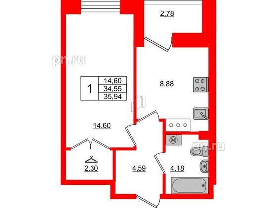 Квартира в ЖК Стороны Света, 1 комнатная, 35.94 м², 8 этаж