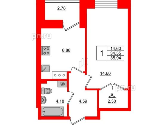 Квартира в ЖК Стороны Света, 1 комнатная, 35.94 м², 10 этаж