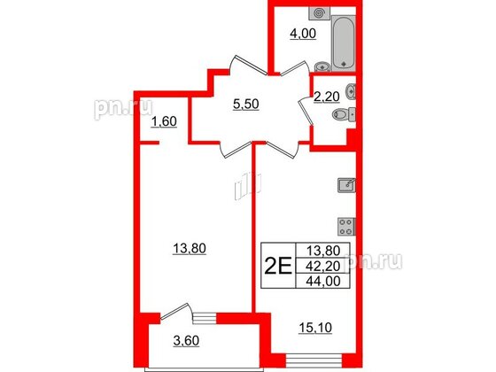 Квартира в ЖК Энфилд, 1 комнатная, 44 м², 2 этаж