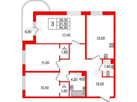 Квартира в ЖК Энфилд, 3 комнатная, 84.9 м², 9 этаж