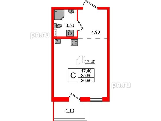 Квартира в ЖК Ветер Перемен, студия, 26.9 м², 2 этаж