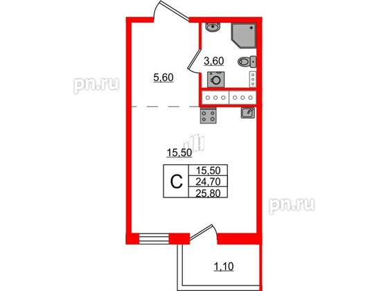 Квартира в ЖК Ветер Перемен, студия, 25.8 м², 10 этаж