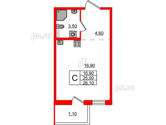 Квартира в ЖК Ветер Перемен, студия, 26.1 м², 2 этаж