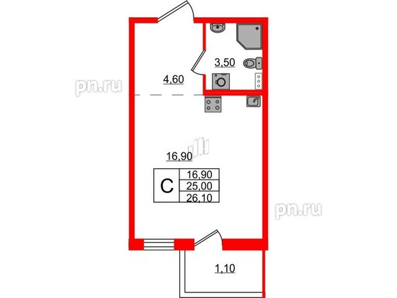 Квартира в ЖК Ветер Перемен, студия, 26.1 м², 2 этаж