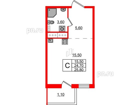 Квартира в ЖК Ветер Перемен, студия, 25.8 м², 6 этаж