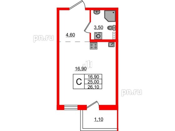 Квартира в ЖК Ветер Перемен, студия, 26.1 м², 2 этаж