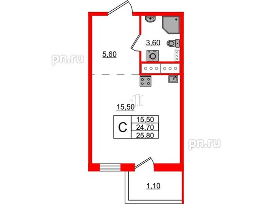 Квартира в ЖК Ветер Перемен, студия, 25.8 м², 11 этаж