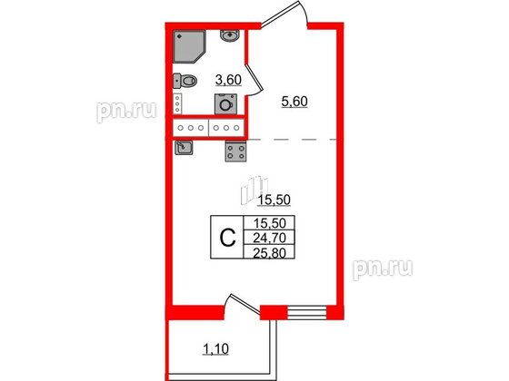 Квартира в ЖК Ветер Перемен, студия, 25.8 м², 7 этаж