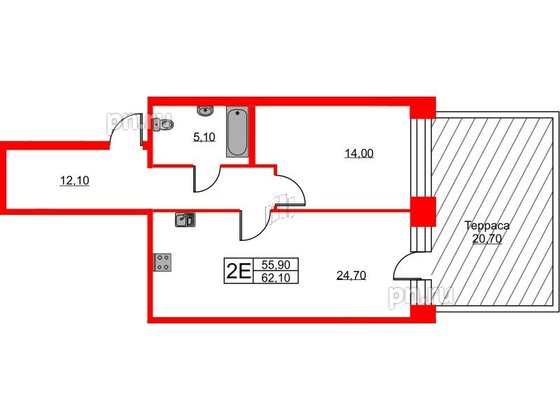 Квартира в ЖК NEWПИТЕР, 1 комнатная, 62.1 м², 1 этаж