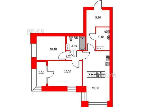 Квартира в ЖК NEWПИТЕР, 2 комнатная, 64.6 м², 2 этаж