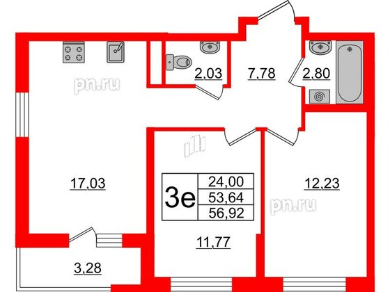 Квартира в ЖК ЦДС Новосаратовка «Город первых», 2 комнатная, 53.64 м², 13 этаж