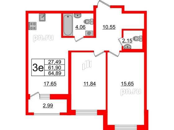 Квартира в ЖК ЦДС Новосаратовка «Город первых», 2 комнатная, 61.9 м², 4 этаж