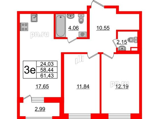 Квартира в ЖК ЦДС Новосаратовка «Город первых», 2 комнатная, 58.44 м², 5 этаж