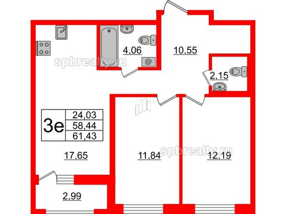 Квартира в ЖК ЦДС Новосаратовка «Город первых», 2 комнатная, 58.44 м², 6 этаж