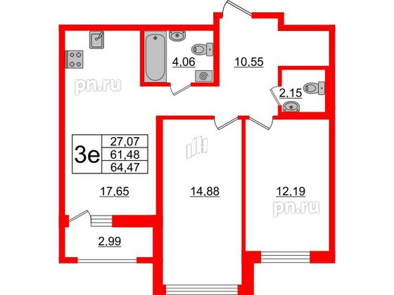 Квартира в ЖК ЦДС Новосаратовка «Город первых», 2 комнатная, 61.48 м², 7 этаж