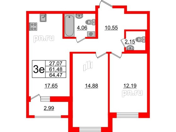 Квартира в ЖК ЦДС Новосаратовка «Город первых», 2 комнатная, 61.48 м², 7 этаж