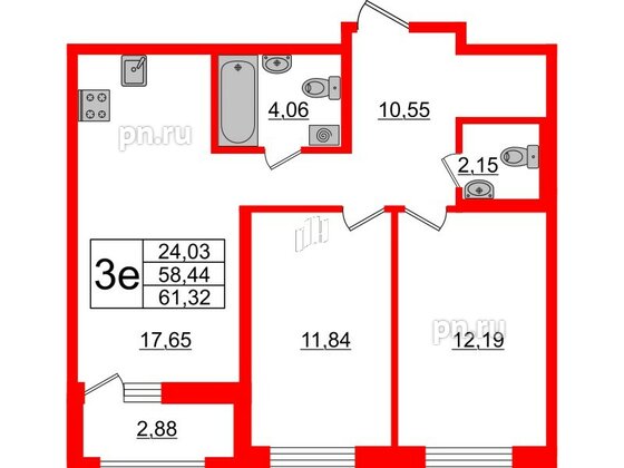 Квартира в ЖК ЦДС Новосаратовка «Город первых», 2 комнатная, 58.44 м², 5 этаж