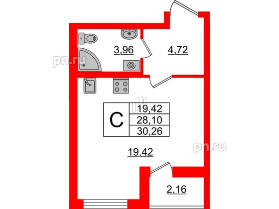 Квартира в ЖК ЦДС Новосаратовка «Город первых», студия, 28.1 м², 13 этаж