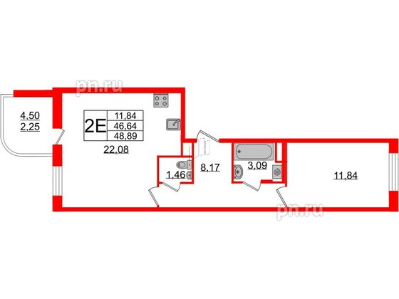 Квартира в ЖК Энфилд, 1 комнатная, 48.89 м², 2 этаж