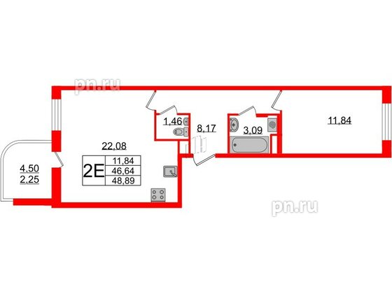 Квартира в ЖК Энфилд, 1 комнатная, 48.89 м², 2 этаж