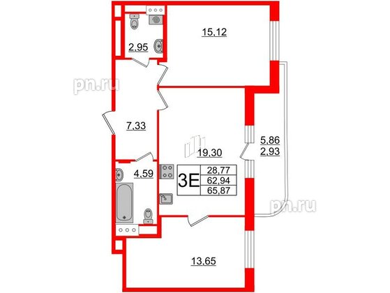 Квартира в ЖК Энфилд, 2 комнатная, 65.87 м², 3 этаж