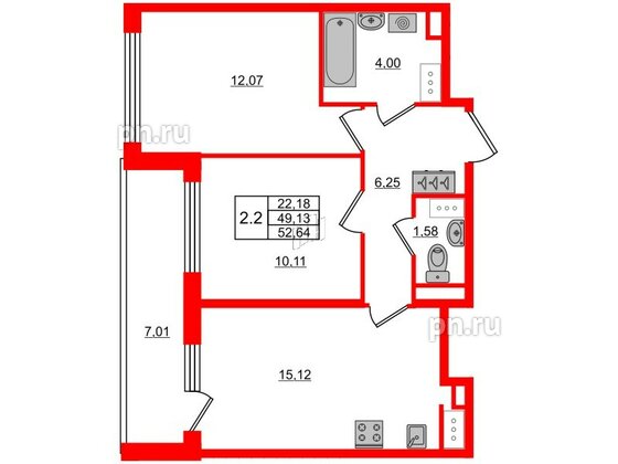 Квартира в ЖК Pulse Premier, 2 комнатная, 49.13 м², 10 этаж