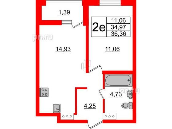 Квартира в ЖК ЭТАЛА, 1 комнатная, 36.36 м², 6 этаж