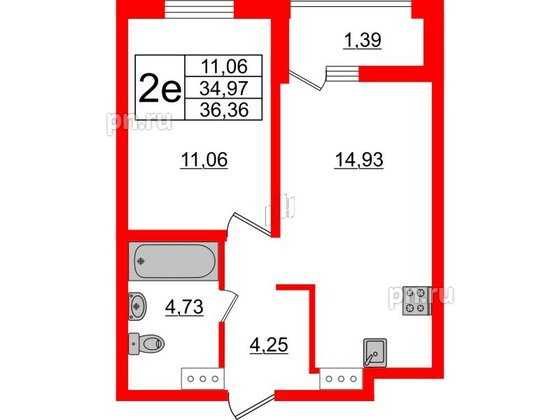 Квартира в ЖК ЭТАЛА, 1 комнатная, 36.36 м², 5 этаж