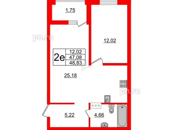 Квартира в ЖК ЭТАЛА, 1 комнатная, 48.83 м², 5 этаж