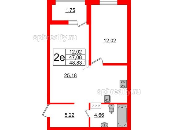 Квартира в ЖК ЭТАЛА, 1 комнатная, 48.83 м², 9 этаж