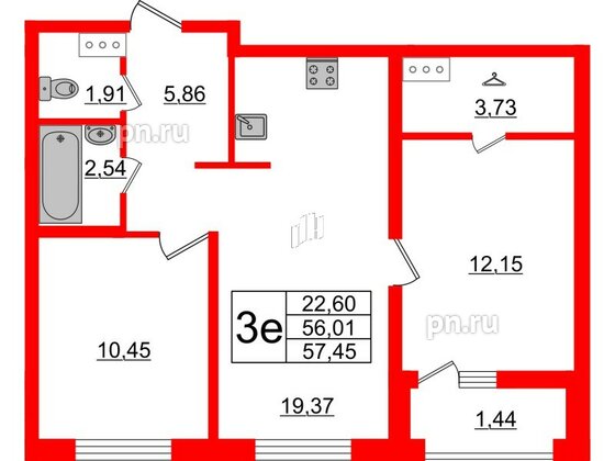 Квартира в ЖК ЭТАЛА, 2 комнатная, 57.45 м², 7 этаж