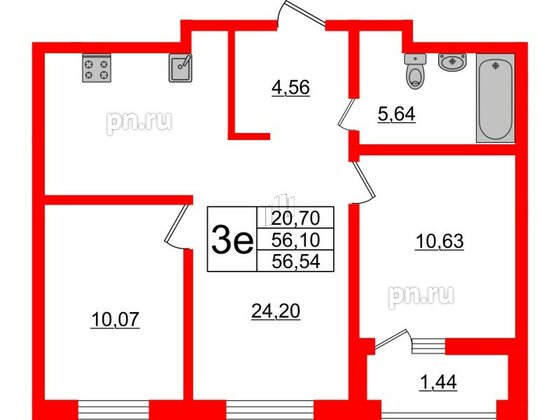 Квартира в ЖК ЭТАЛА, 2 комнатная, 56.54 м², 2 этаж