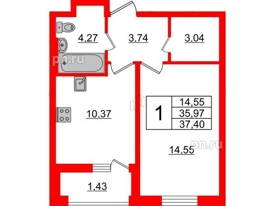 Квартира в ЖК ЭТАЛА, 1 комнатная, 37.4 м², 2 этаж