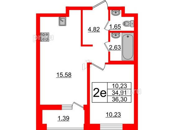 Квартира в ЖК ЭТАЛА, 1 комнатная, 36.3 м², 2 этаж