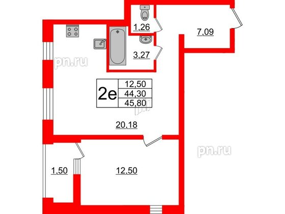 Квартира в ЖК ЭТАЛА, 1 комнатная, 45.8 м², 2 этаж