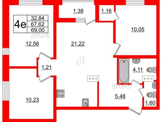 Квартира в ЖК ЭТАЛА, 3 комнатная, 69 м², 5 этаж