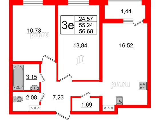 Квартира в ЖК ЭТАЛА, 2 комнатная, 56.68 м², 7 этаж