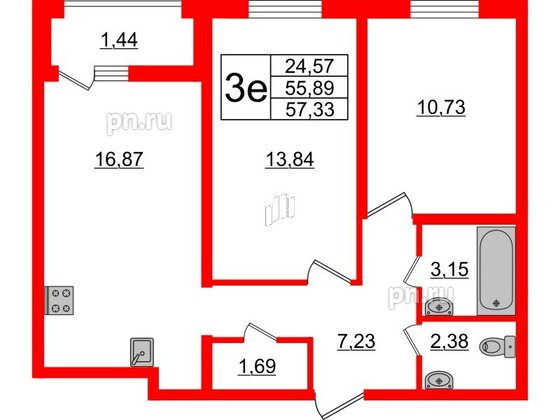 Квартира в ЖК ЭТАЛА, 2 комнатная, 57.33 м², 2 этаж